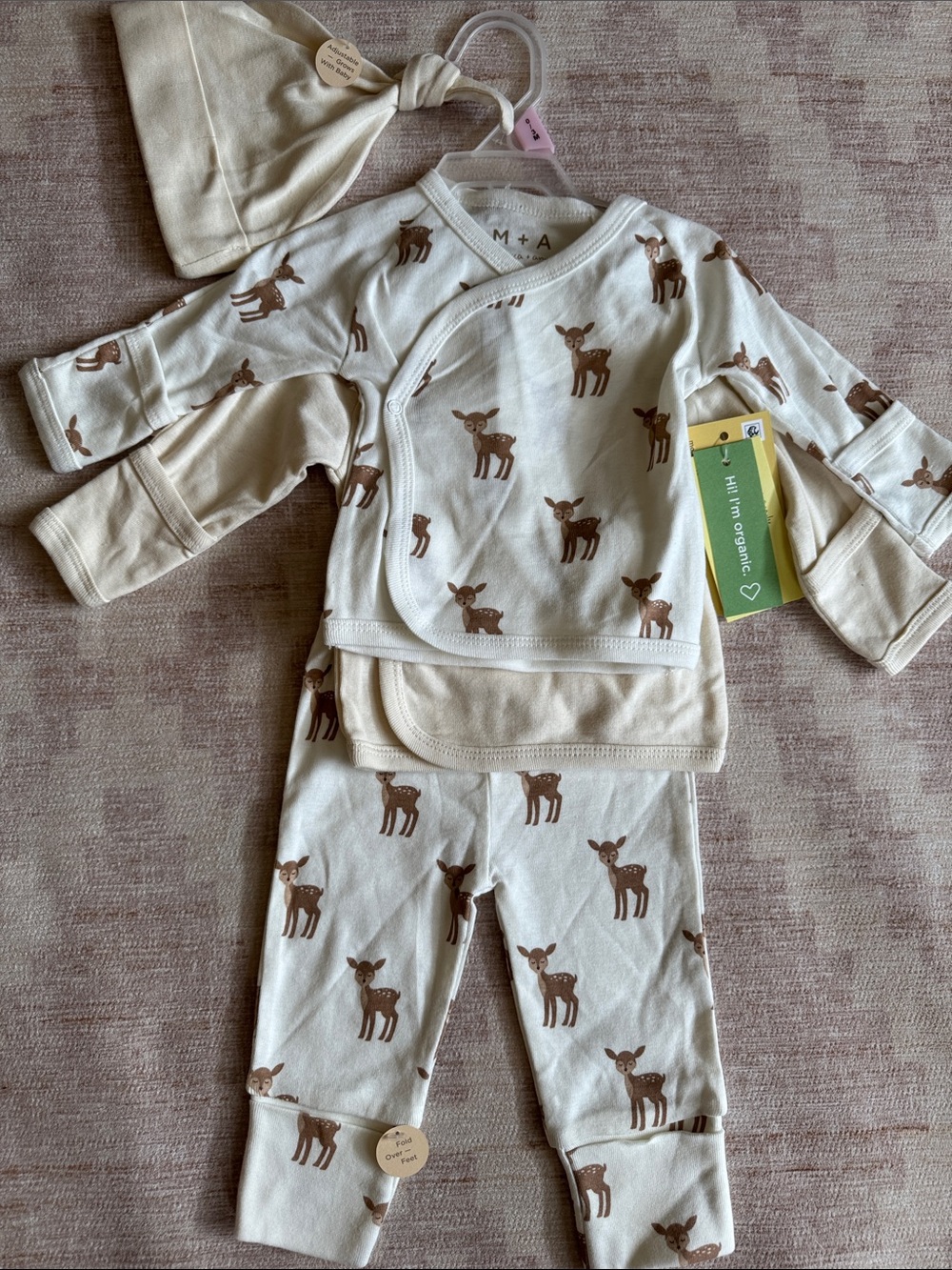 Organic Cotton Unisex Neutral Deer Print 4 Piece Layette Set Baby size 0-3M NWT